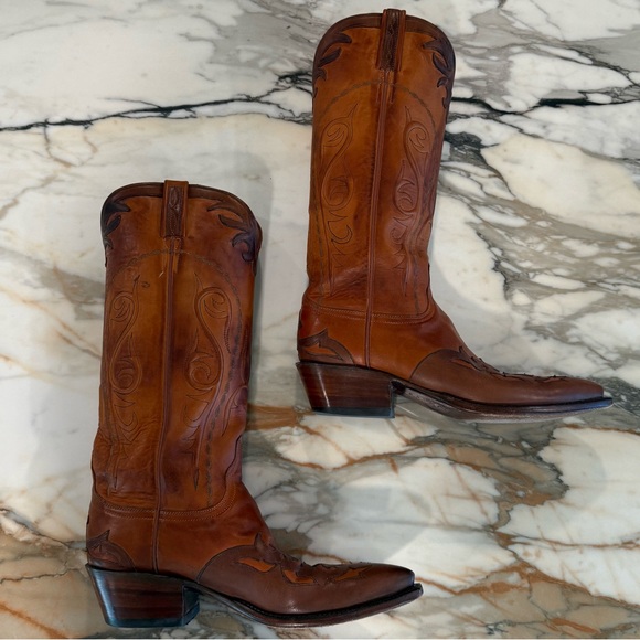 Lucchese Women’s Tall Chocolate + Saddle Brown Leather Cowboy Boots with Inlay - Picture 8 of 14